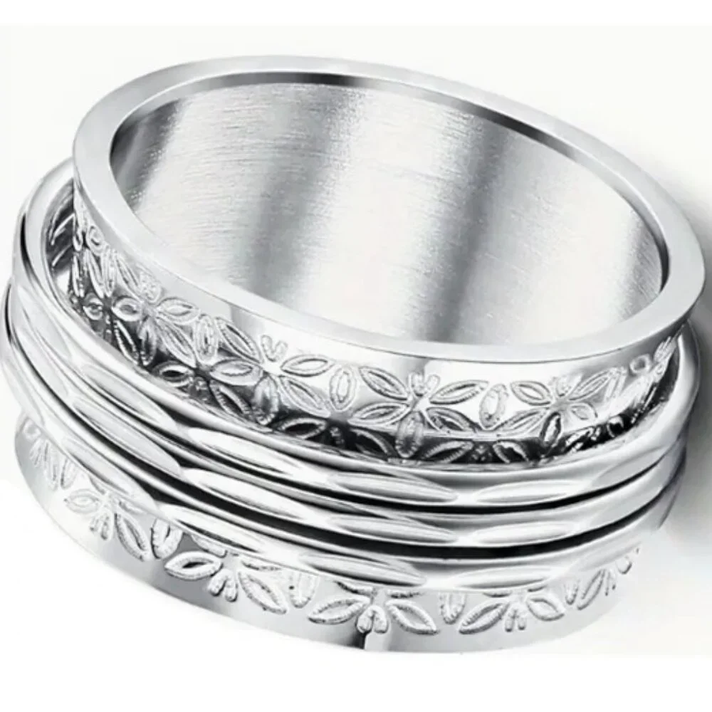 Vintage Boho Style Silver Wide Band Spinner Ring